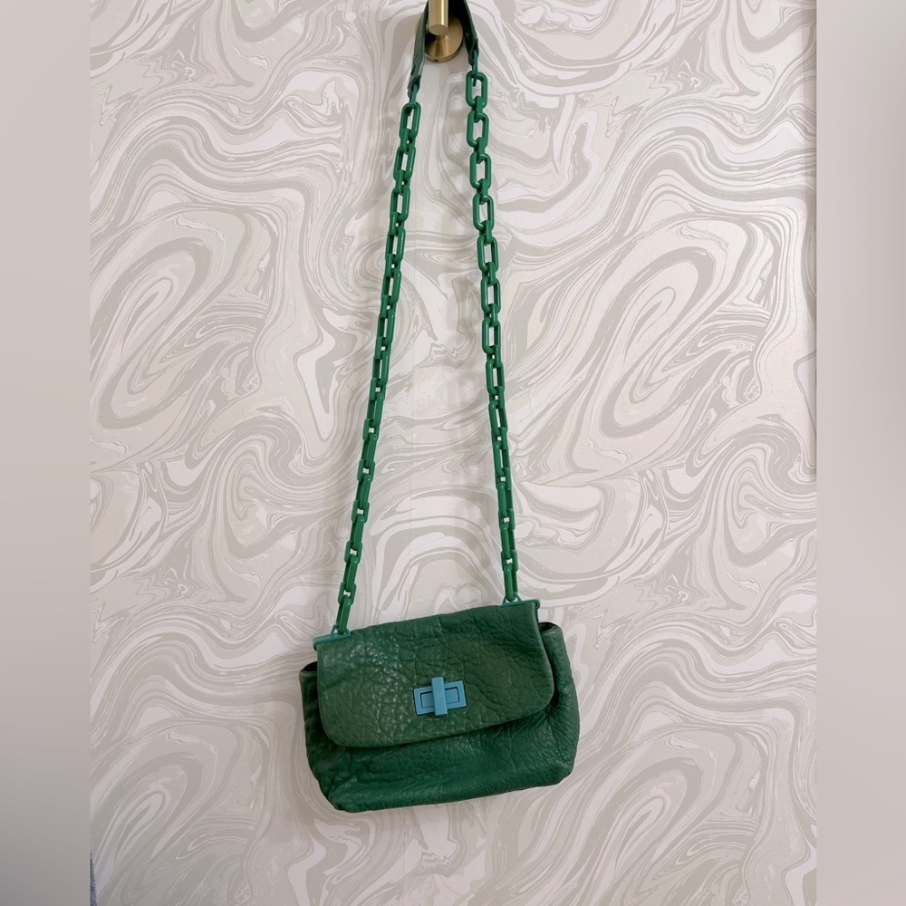 Tory Burch green leather purse with acrylic chain strap